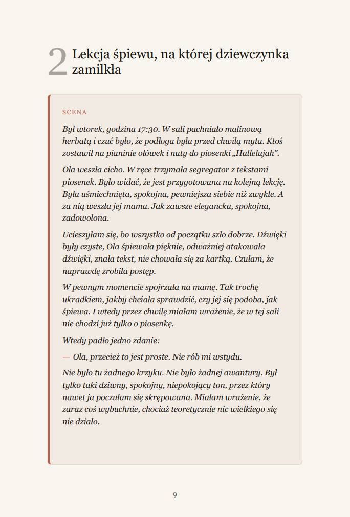 Przykładowa strona rozdziału Lekcja śpiewu, na której dziewczynka zamilkła